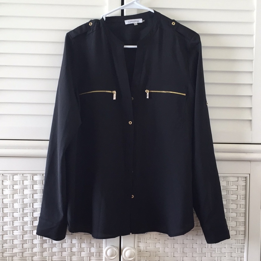 Calvin Klein black button down s gold buttons